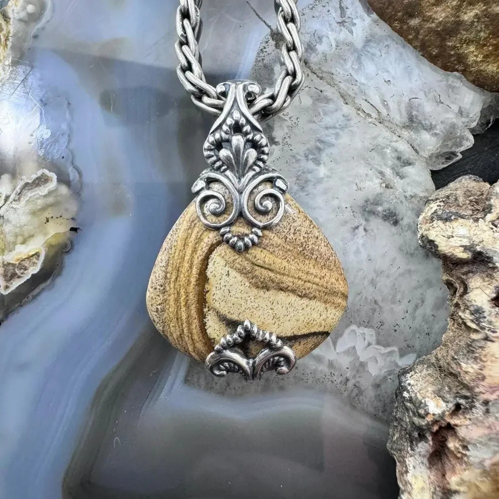 Carolyn Pollack Sterling Wide Pear Picture Jasper Decorated Enhancer Pendant